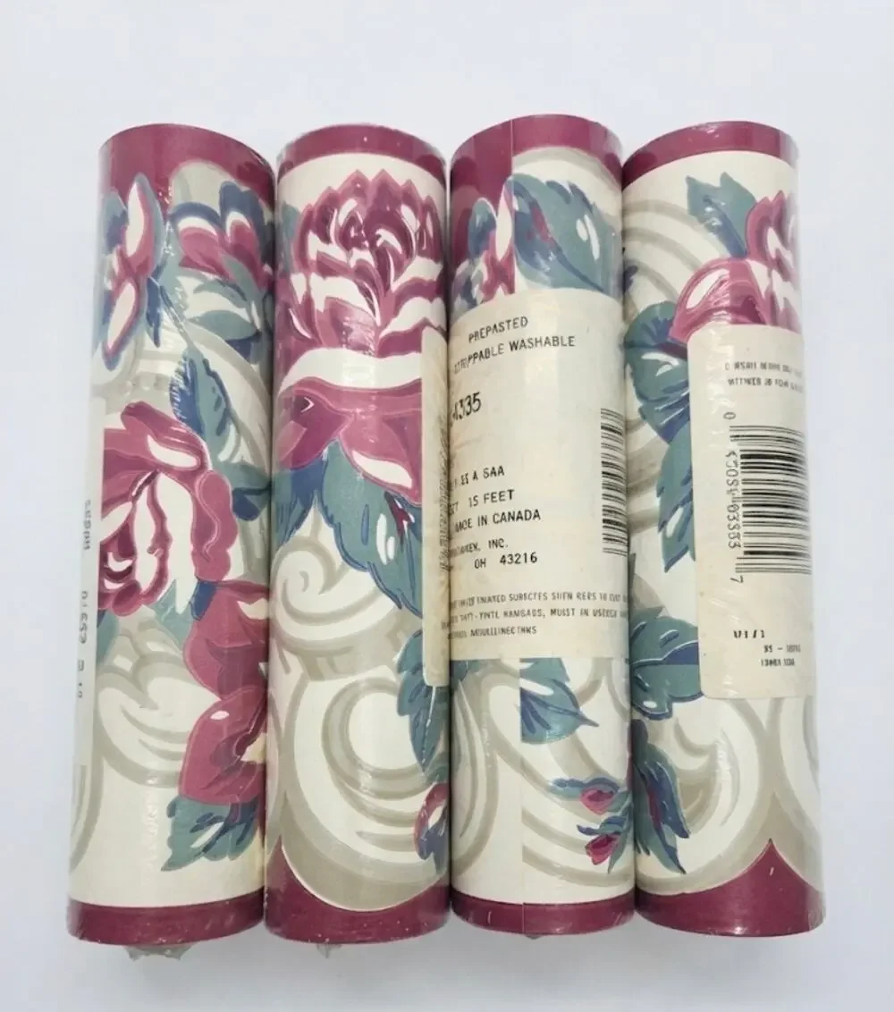 Vintage Pre Pasted Cabbage Rose Wallpaper Border Lot of 4 15 Feet Each Cottage